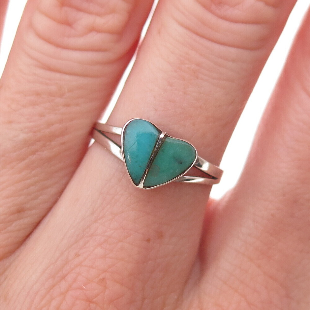 925 Sterling Silver Vintage Mexico Real Turquoise Heart Oxidized Ring Size 6.75